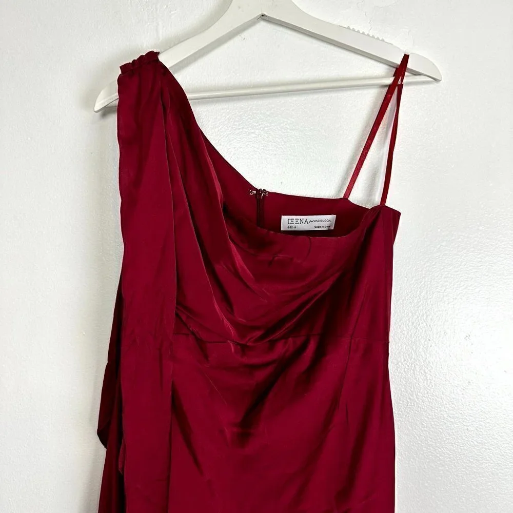 MAC DUGGAL One-Shouder Bow Satin Midi A-Line Dress in Deep Red Size US 8